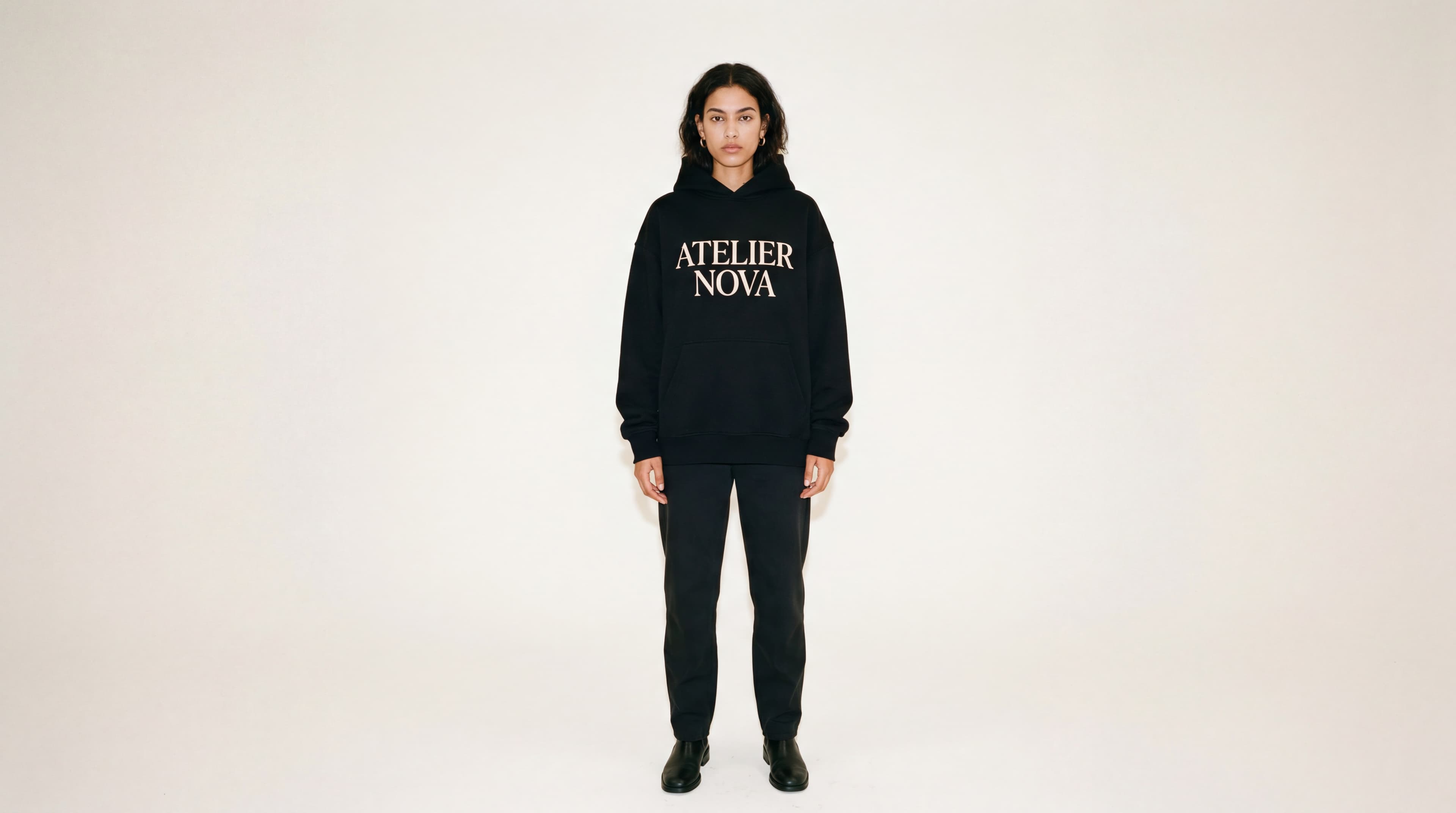 Model wearing Atelier Nova branded apparel — creator merch platforms
