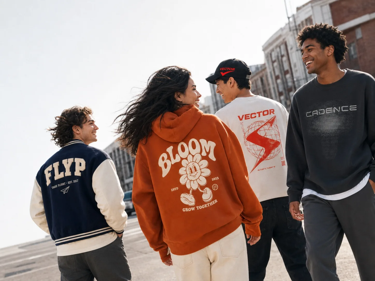 Employee wearing FLYP branded merch off-duty in the city