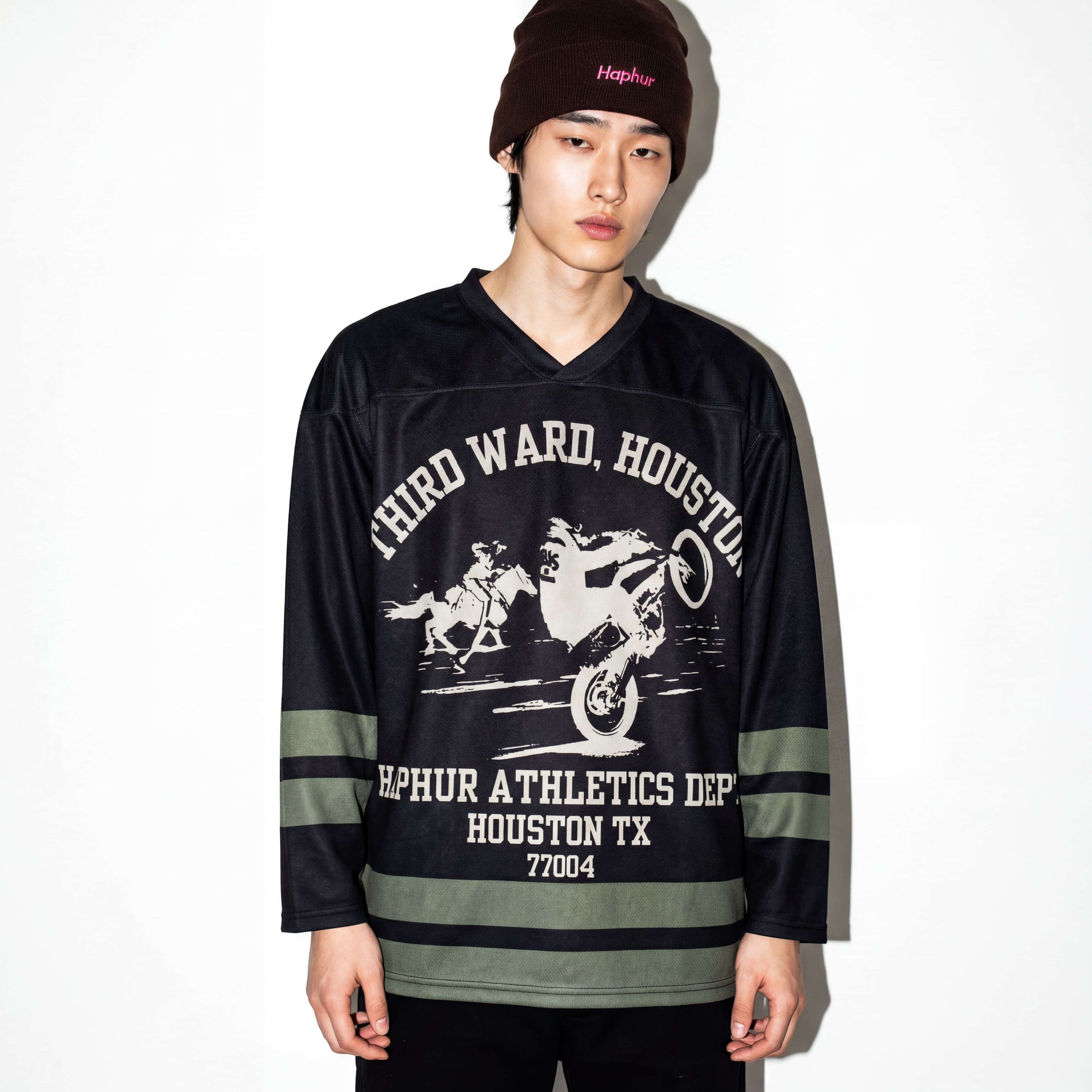 Model wearing Haphur Athletics hockey jersey