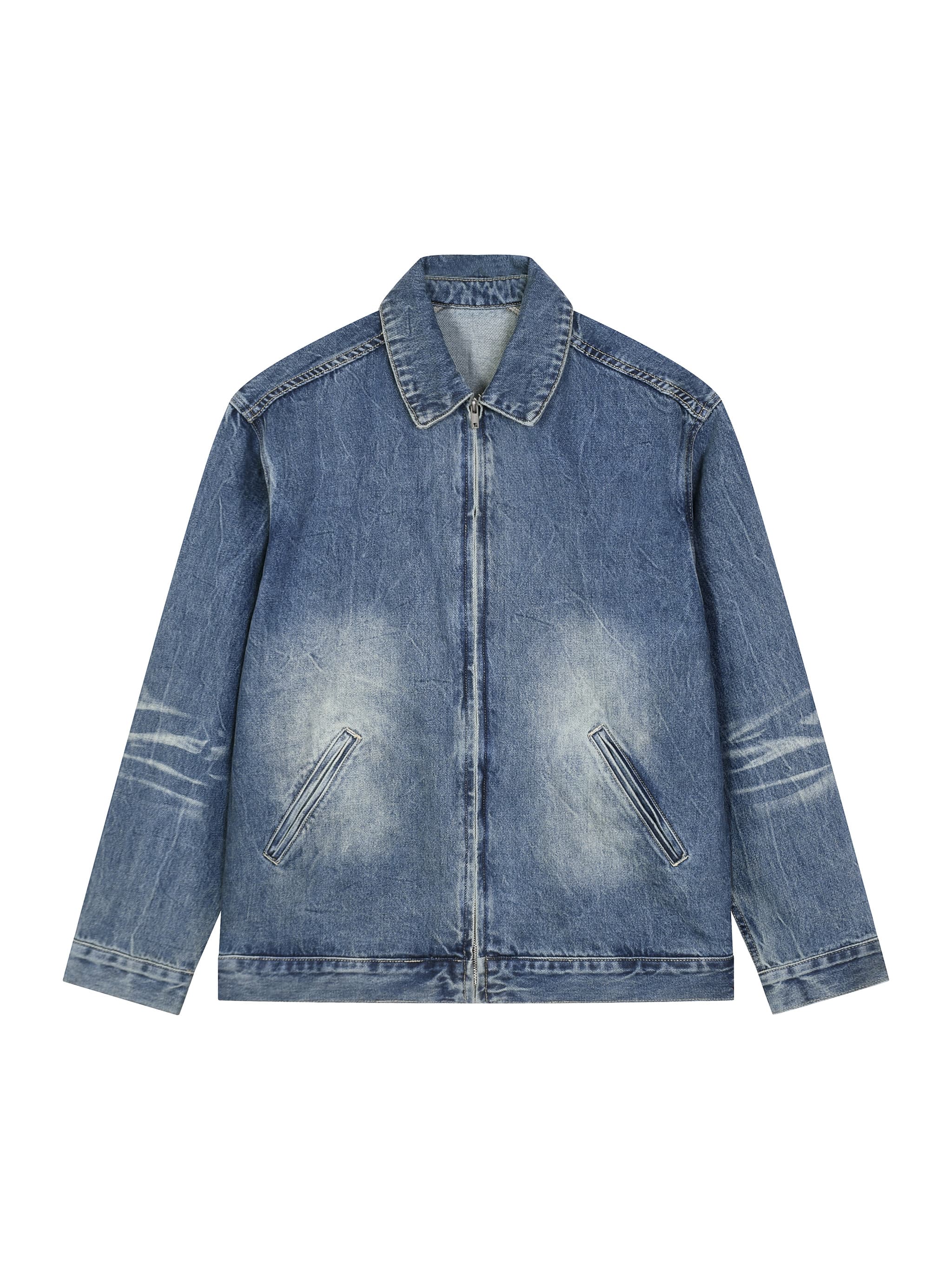 Custom Vintage Wash Zip-Up Denim Jacket — Outerwear