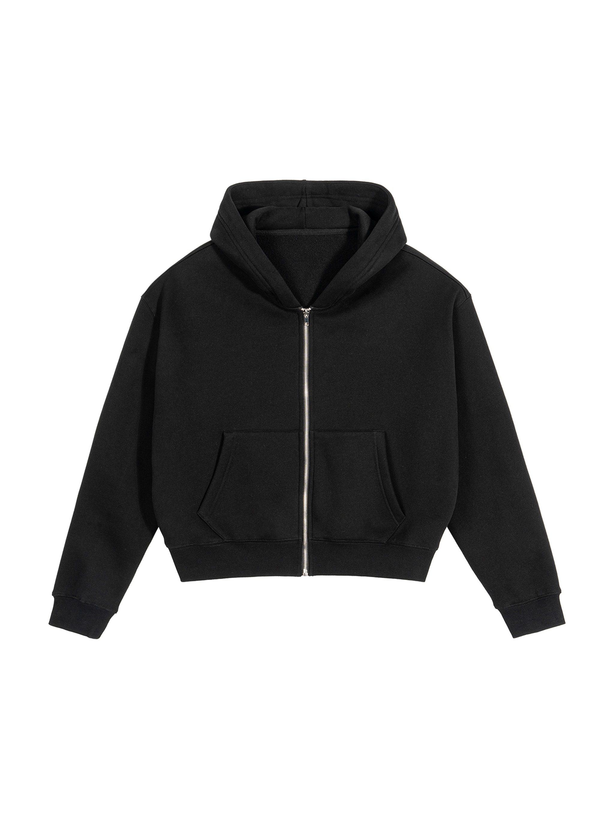 Cropped Fleece Zip-Up Hoodie — Black