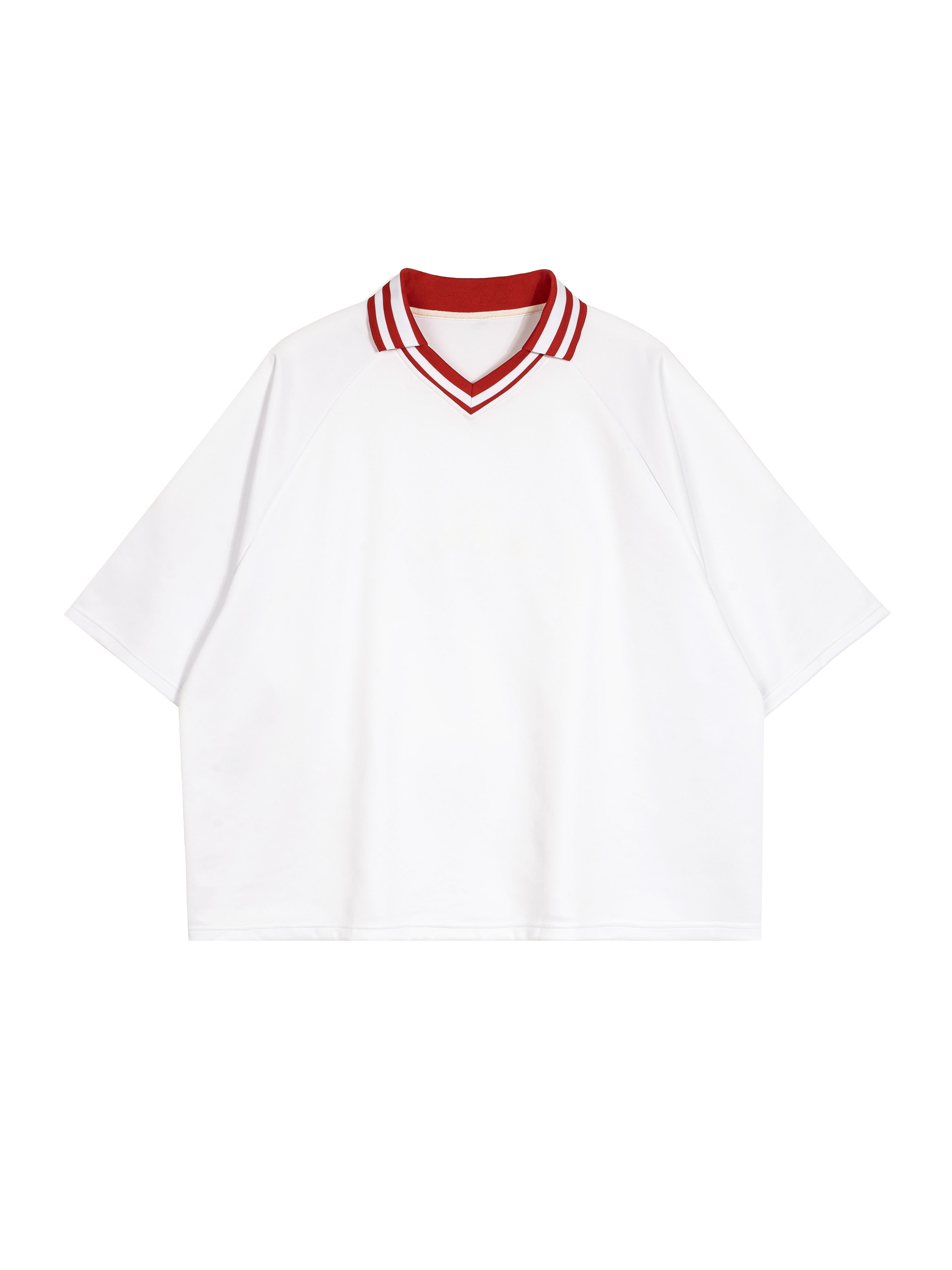Contrast Lapel Collar Boxy T-Shirt — White with Red